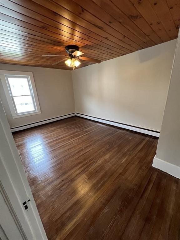 59 Carson Ave Unit 59, Clarksburg, MA 01247 - spare room featuring wood ceiling, ceiling fan, baseboard heating, dark wood-type flooring, and baseboards