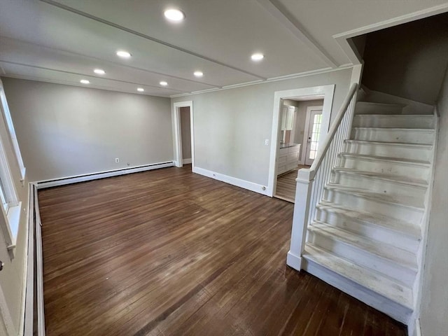 59 Carson Ave Unit 59, Clarksburg, MA 01247 - spare room featuring stairway, dark wood-style floors, baseboard heating, baseboards, and recessed lighting