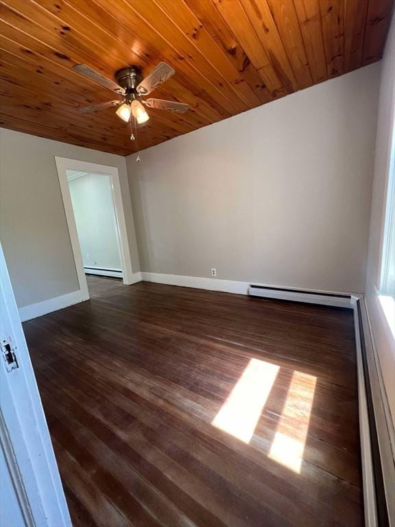 59 Carson Ave Unit 59, Clarksburg, MA 01247 - spare room with a ceiling fan, dark wood-style floors, wooden ceiling, a baseboard radiator, and baseboards