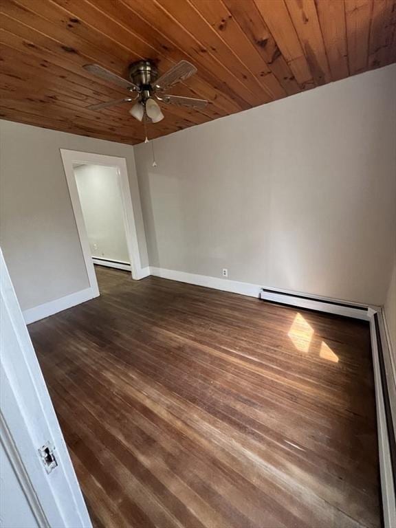 59 Carson Ave Unit 59, Clarksburg, MA 01247 - unfurnished room featuring ceiling fan, a baseboard radiator, dark wood-type flooring, wooden ceiling, and baseboards