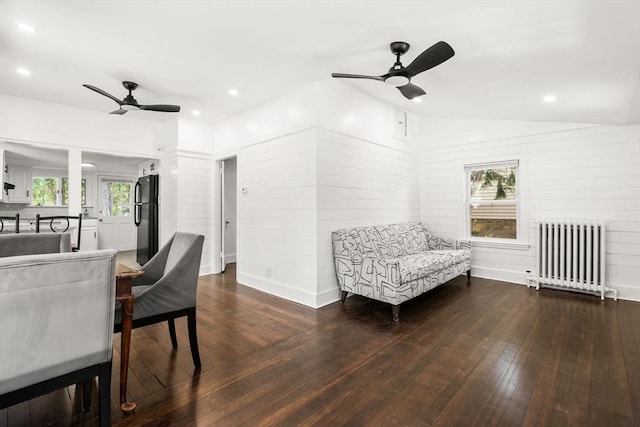19 Arlington Rd, Dedham, MA 02026 - living area with a ceiling fan, radiator, hardwood / wood-style floors, vaulted ceiling, and recessed lighting