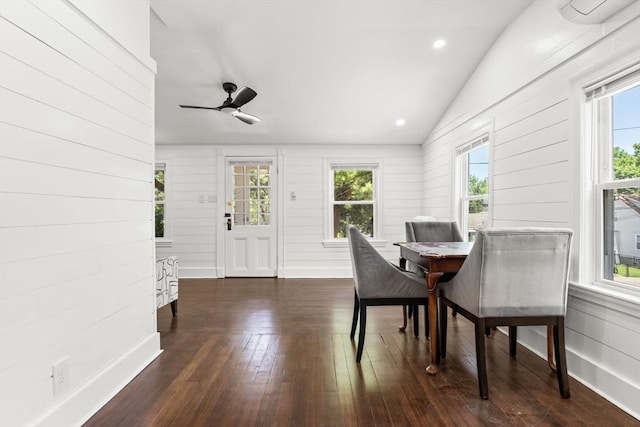 19 Arlington Rd, Dedham, MA 02026 - dining room with lofted ceiling, dark wood-style floors, and ceiling fan