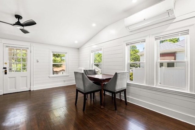 19 Arlington Rd, Dedham, MA 02026 - dining space with a wall mounted air conditioner, lofted ceiling, dark wood-type flooring, and ceiling fan