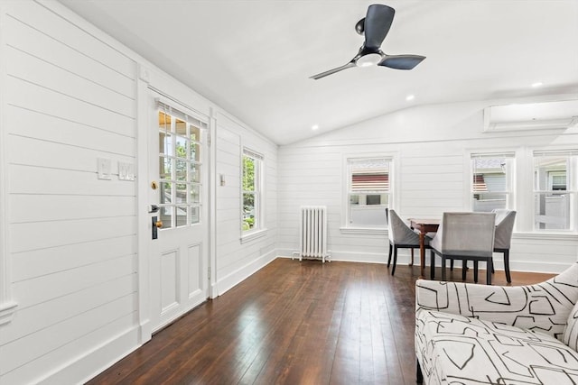 19 Arlington Rd, Dedham, MA 02026 - foyer with radiator, vaulted ceiling, dark wood-type flooring, recessed lighting, and ceiling fan