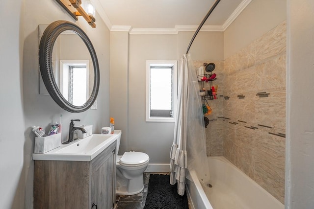 full bathroom with shower / bathtub combination with curtain, vanity, ornamental molding, and toilet