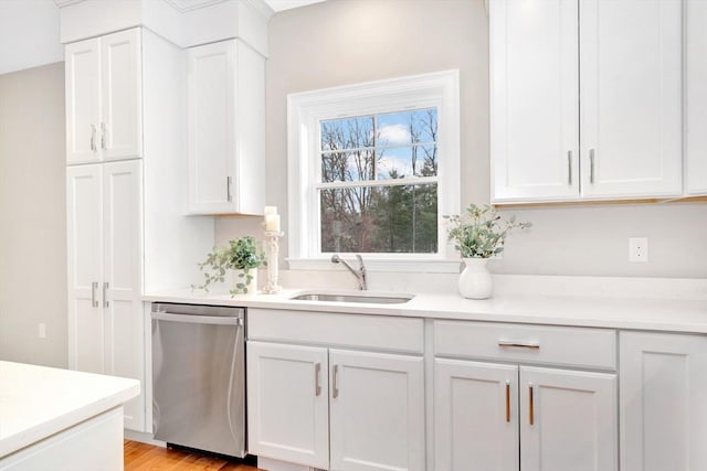 kitchen featuring white cabinetry, a sink, and stainless steel dishwasher