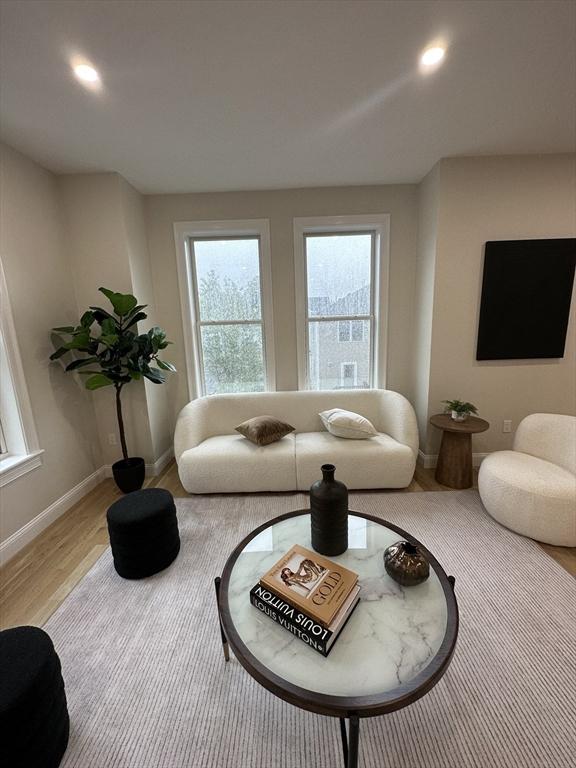 living room featuring a wealth of natural light and wood-type flooring