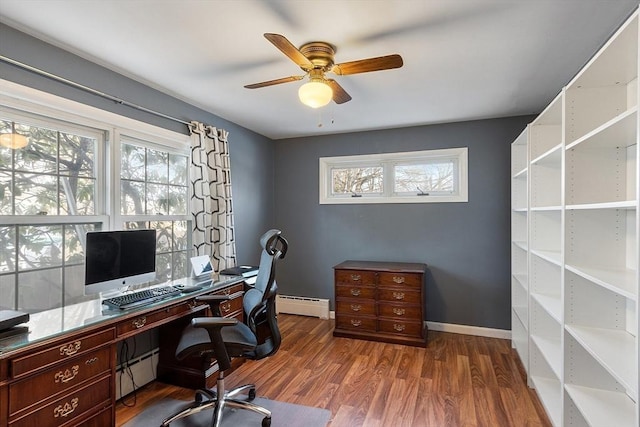 office space featuring dark hardwood / wood-style floors, ceiling fan, and baseboard heating