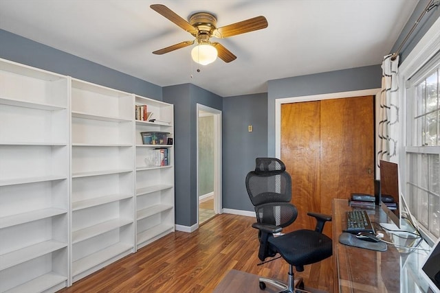 office space featuring dark wood-type flooring and ceiling fan