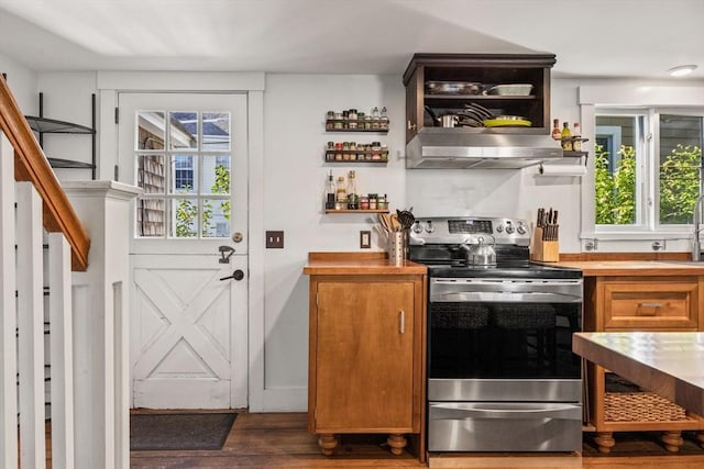 kitchen featuring stainless steel electric stove, dark wood-type flooring, and wood counters