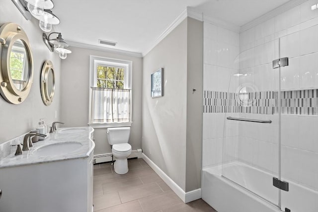 full bathroom with enclosed tub / shower combo, baseboard heating, vanity, ornamental molding, and toilet