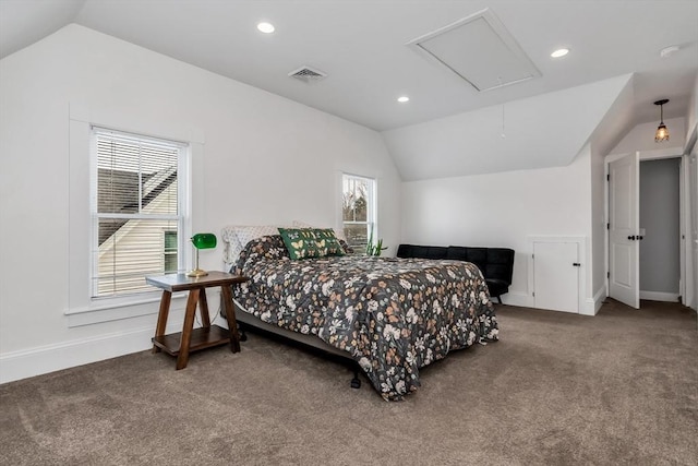 carpeted bedroom featuring recessed lighting, visible vents, attic access, vaulted ceiling, and baseboards