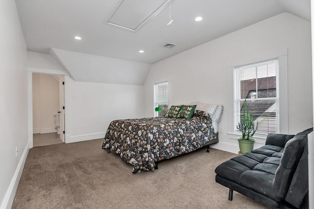 carpeted bedroom featuring baseboards, visible vents, vaulted ceiling, and recessed lighting