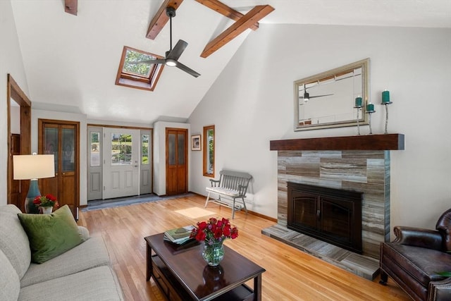 198 Edge Hill Rd, Sharon, MA 02067 - living room with wood finished floors, a skylight, a ceiling fan, high vaulted ceiling, and a tiled fireplace