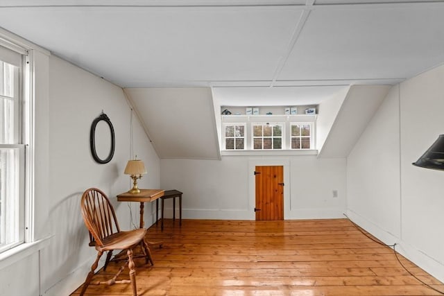 additional living space with lofted ceiling, light wood-style floors, and a healthy amount of sunlight