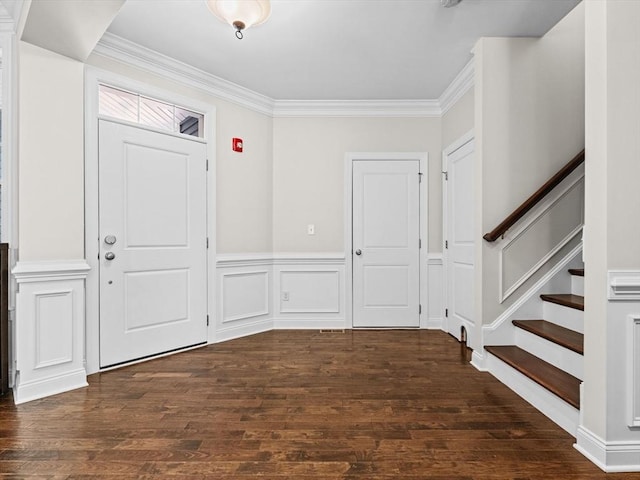 79 Townsend Blvd Unit 79, Westborough, MA 01581 - entryway with dark wood-style floors, a decorative wall, crown molding, a wainscoted wall, and stairs