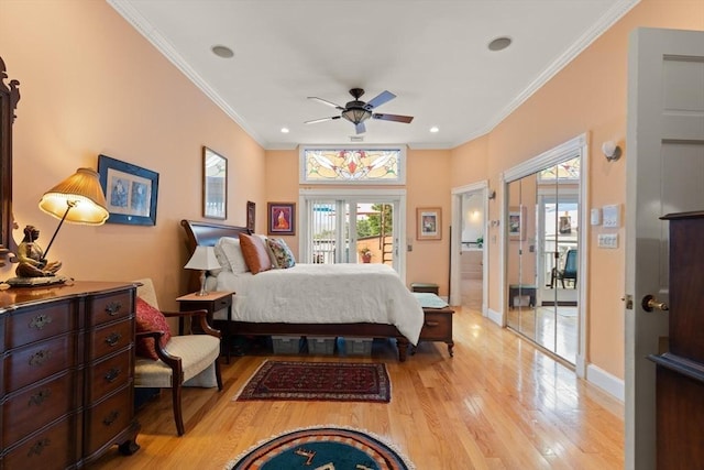 50 Telpgraph St, Boston, MA 02127 - bedroom with access to outside, light wood-style floors, recessed lighting, ornamental molding, and ceiling fan