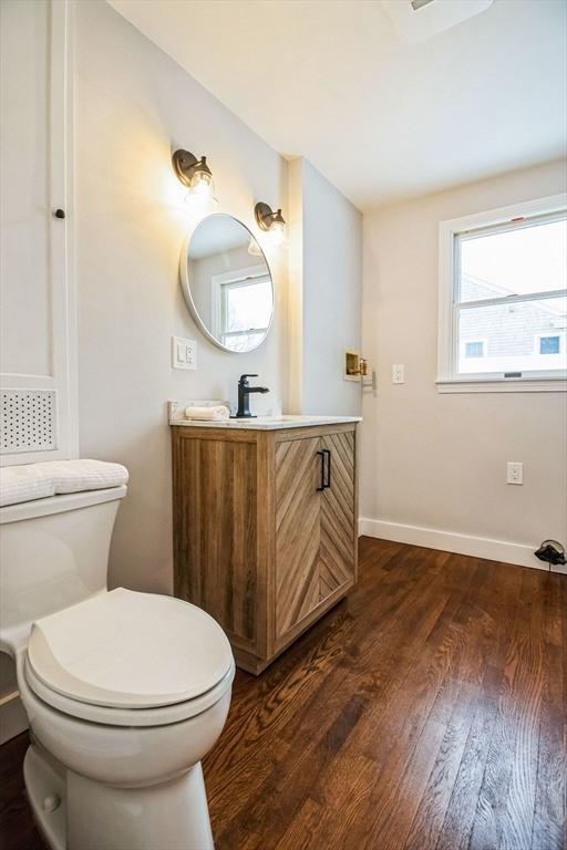 bathroom with toilet, wood-type flooring, and vanity