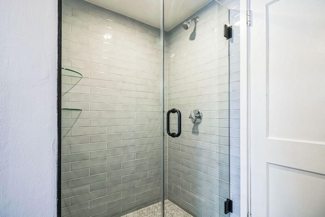 bathroom featuring a shower with shower door