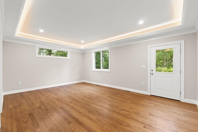 11 Olde Stable Ln, Easton, MA 02356 - spare room featuring a tray ceiling, plenty of natural light, crown molding, light wood-style floors, and recessed lighting