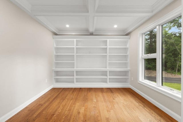 11 Olde Stable Ln, Easton, MA 02356 - unfurnished room featuring light wood-style floors, ornamental molding, beam ceiling, coffered ceiling, and recessed lighting