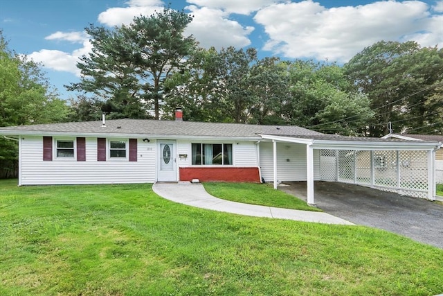 single story home featuring a front yard and a carport