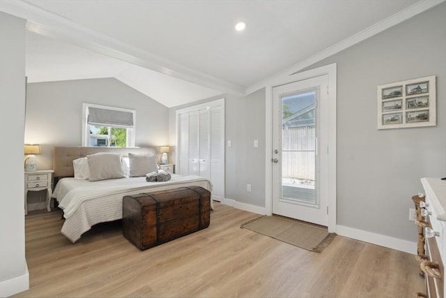 bedroom with access to outside, ornamental molding, light wood finished floors, and lofted ceiling