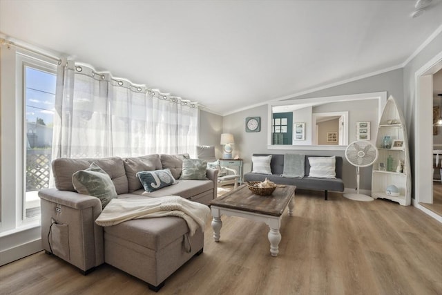 living area featuring crown molding and wood finished floors