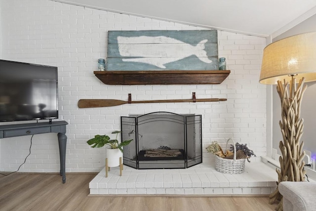 details with a fireplace and wood finished floors