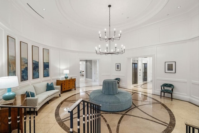 living room featuring an inviting chandelier