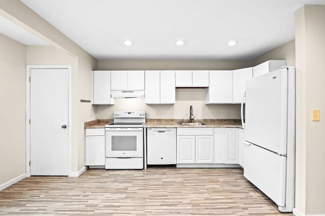 13 Fillmore Rd Unit 15Ab, Salem, MA 01970 - kitchen featuring white appliances, under cabinet range hood, light wood-style floors, white cabinetry, and recessed lighting