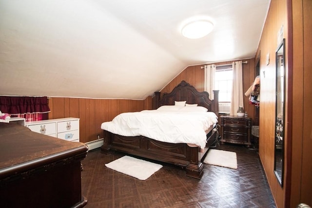 33 Cady St, Lowell, MA 01852 - bedroom with baseboard heating, vaulted ceiling, and wood walls