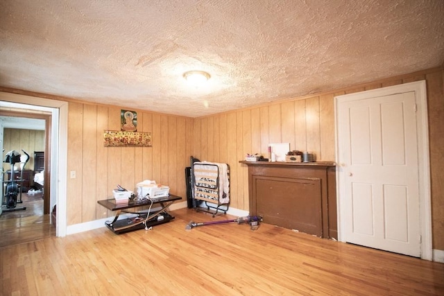 33 Cady St, Lowell, MA 01852 - exercise room featuring wood finished floors, a textured ceiling, baseboards, and wooden walls