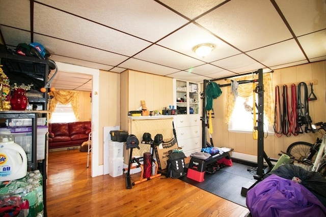 33 Cady St, Lowell, MA 01852 - exercise room with a drop ceiling, wood finished floors, healthy amount of natural light, and wooden walls
