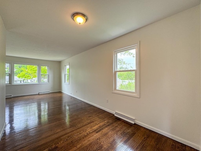 empty room featuring dark wood-style floors, a baseboard radiator, and baseboards