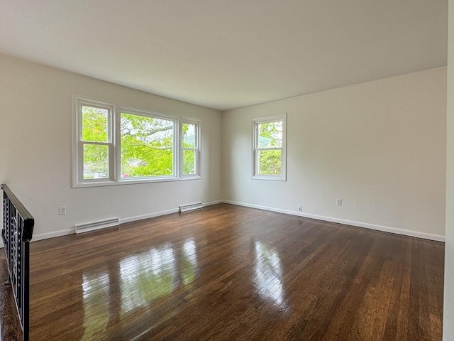 unfurnished living room with dark wood-type flooring, baseboards, and a baseboard heating unit