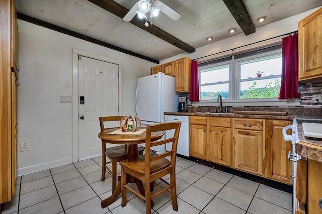10 Phillips Dr, Colrain, MA 01340 - kitchen with white appliances, light tile patterned floors, a sink, ceiling fan, and wood ceiling with exposed beams