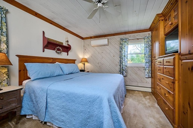 10 Phillips Dr, Colrain, MA 01340 - carpeted bedroom with a wall unit AC, a baseboard radiator, crown molding, wooden ceiling, and wood walls