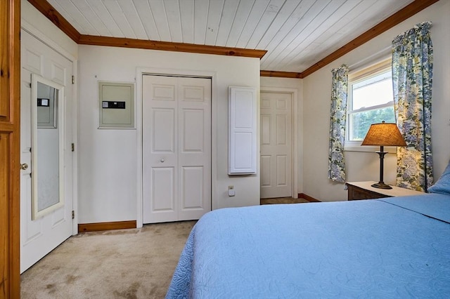 10 Phillips Dr, Colrain, MA 01340 - bedroom featuring crown molding, electric panel, carpet flooring, wooden ceiling, and baseboards