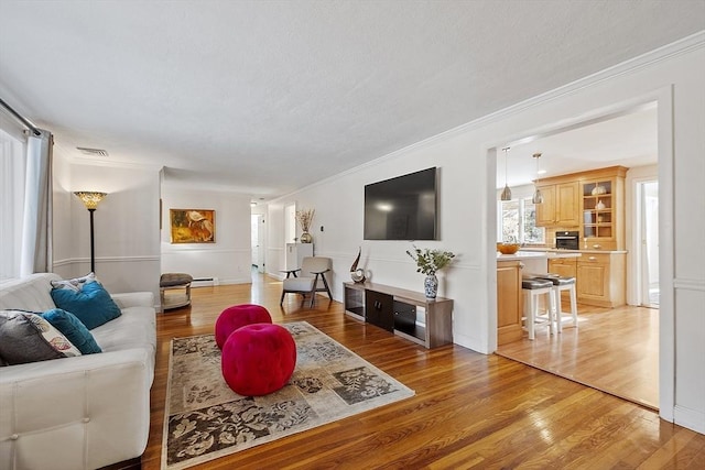 living room with crown molding, a baseboard radiator, and light hardwood / wood-style floors