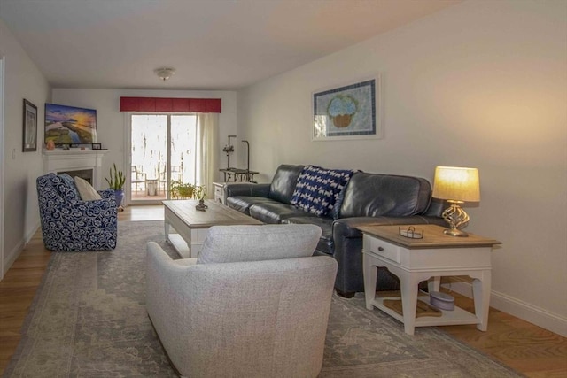 living area with a fireplace, baseboards, and wood finished floors