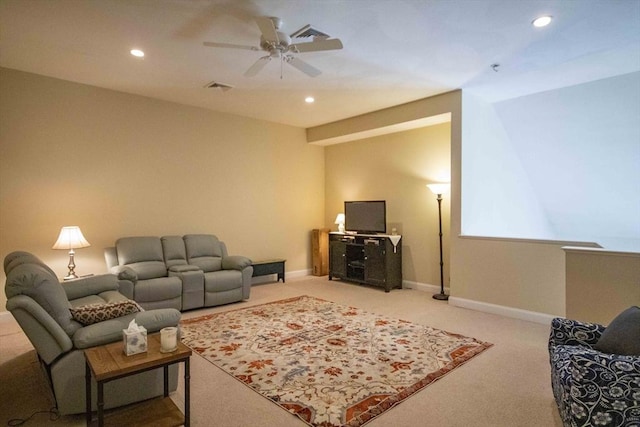 living area featuring recessed lighting, visible vents, a ceiling fan, carpet flooring, and baseboards