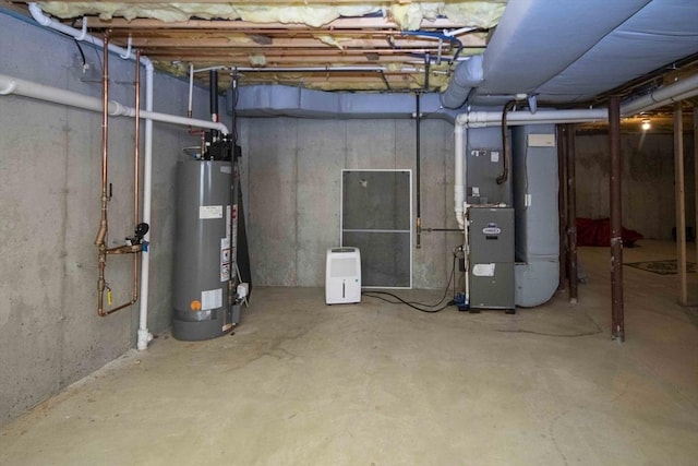 unfinished basement featuring water heater and heating unit