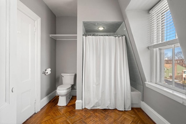 bathroom with toilet and shower / bathtub combination with curtain