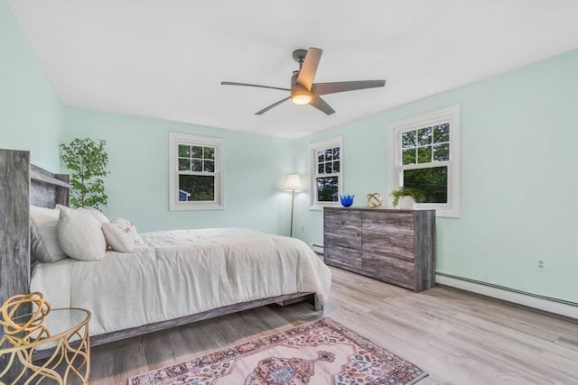 3 Sinclair St, Billerica, MA 01821 - bedroom featuring wood finished floors, multiple windows, a baseboard radiator, and a ceiling fan