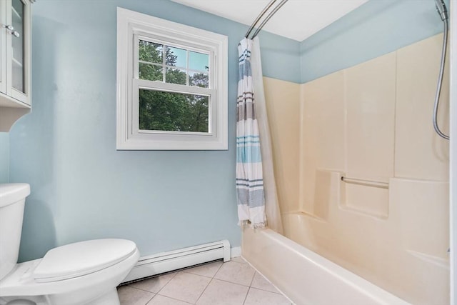 3 Sinclair St, Billerica, MA 01821 - full bathroom featuring a baseboard heating unit, toilet, tile patterned flooring, and shower / tub combo with curtain