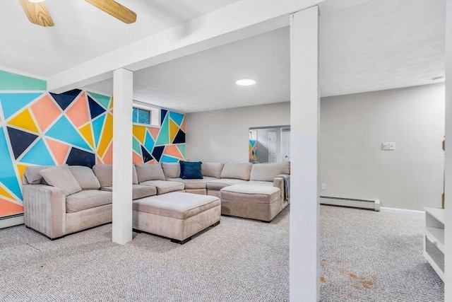 3 Sinclair St, Billerica, MA 01821 - carpeted living area featuring baseboard heating, baseboards, and a ceiling fan