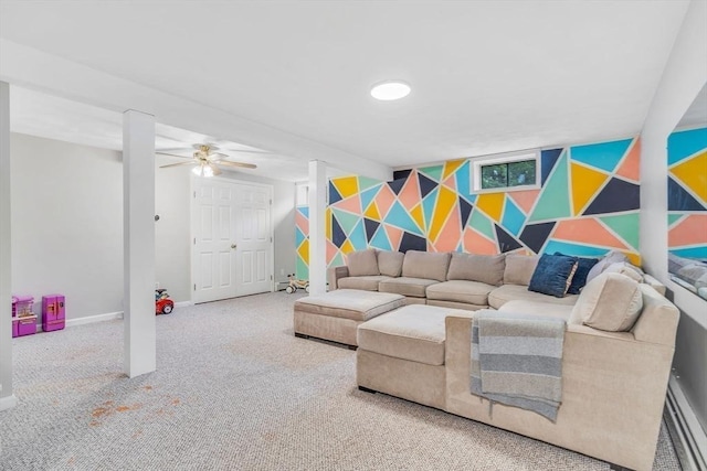 3 Sinclair St, Billerica, MA 01821 - carpeted living area with baseboards, wallpapered walls, an accent wall, and a ceiling fan