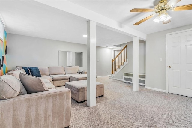 3 Sinclair St, Billerica, MA 01821 - living area with light colored carpet, stairs, baseboards, and ceiling fan