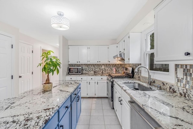 3 Sinclair St, Billerica, MA 01821 - kitchen with stainless steel appliances, under cabinet range hood, white cabinets, a sink, and blue cabinetry